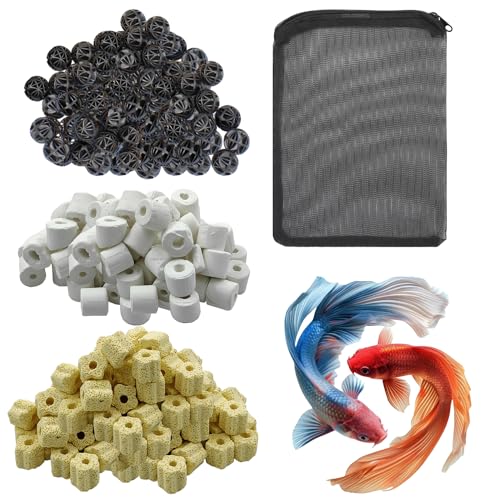 Image of COLOURFUL - Aquarium Filter Media | Improved Water Quality & Healthy Fish Tanks | 10 Piece Bio Ball + 150g Yellow Flower Bacterial Ring + 150g White Ceramic Ring + Free 1 Net Bag (Combo-3)