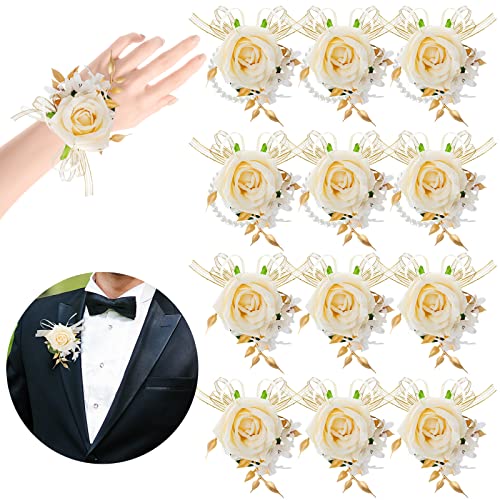 12 Pcs Champagne Wrist Corsage and Boutonniere for Wedding, Wrist Corsage 6 and Boutonniere 6, Prom Flower Wrist Corsages for Bride and Groom, Rose Wrist Flower for Bride Bridesmaid Girl Women Party