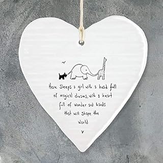 East of India Wobbly White Porcelain Heart Here Sleeps a Girl Baby Sign 10x9cm