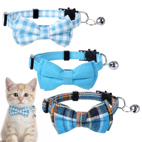 3pcs Bow Tie Cat Collar with Bells Breakaway Bowtie Plaid Cat Collar Soft Adjustable Bow Cats Collars for Kitten Puppy and Small Pets