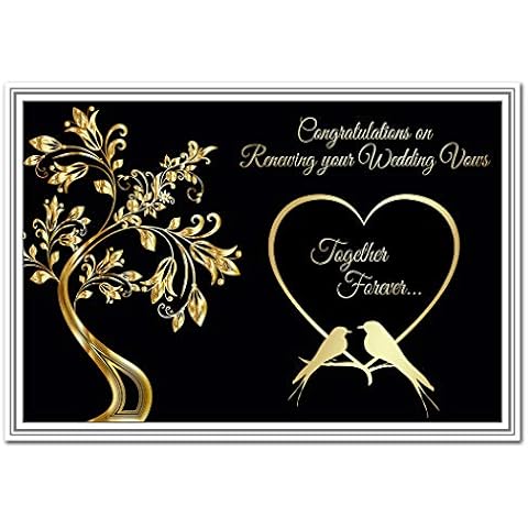 Wedding Vow Renewal Card - Congratulations on renewing your Marriage Vows - Special Keepsake Wishes - Blank inside to write own message - Quality Gold Black Love Birds Silhouette Theme Cover
