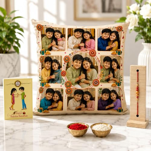 Image of Personalized Photo Pillow 12x12 Inch Cushion with Cover & Filler - Custom Gift for Birthday, Anniversary, Couple, Girlfriend, Boyfriend, Husband, Wife, Friends. (Rakshabandhan)