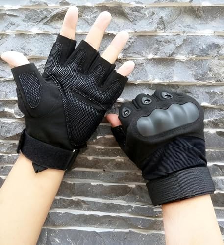 Image of Tactical Riding Gloves for Men - Half-Finger Motorcycle Gloves with Rubber Knuckle Guard, Non-Slip Grip & Palm Padding - Ideal for Bike Riders, Sports, and Outdoors (Black)