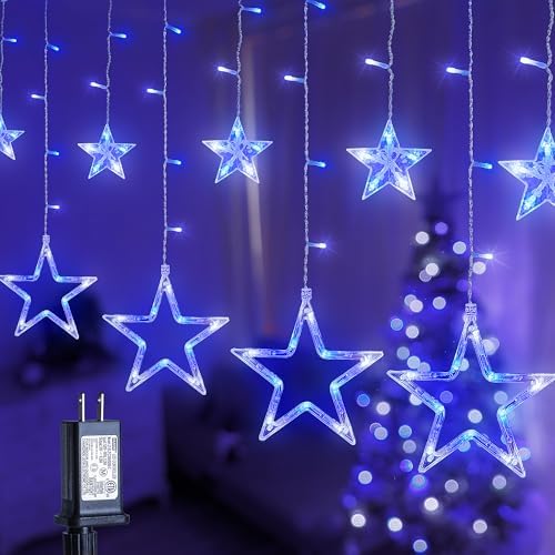 126L Blue White Christmas Star Icicle Lights, 8.2FT Clear Curtain Fairy String with Connectable, Timer 8 Modes Memory, Waterproof Hanging for Eaves, Party, Wedding Indoor Outdoor Decorations