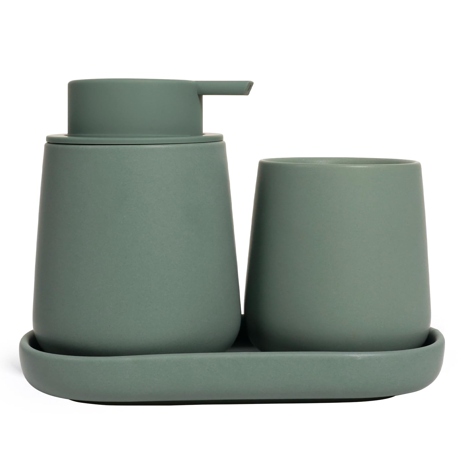 INGOFIN 3 Pcs Ceramic Bathroom Accessory Set - Liquid Soap Dispenser, Toothbrush Holder & Tray, Bathroom Counter Set, Countertop Essentials for Home, Guest Bathroom, or Office Use, Matte Green