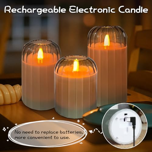 Image of LEDHOLYT Rechargeable Flameless Candle, Flashing LED Pillar Real Wax Candle with Remote Control and Timer, Green Pumpkin Glass Electronic Candles for Room Decoration, 1 Set of 3