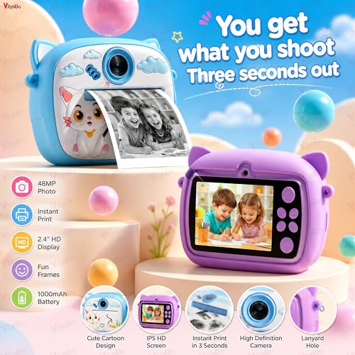 Image of VikriDA Instant Print Camera for Kids | 1080P HD Digital Camera with Video Recording, Built-in Printer, Fun Filters & Stickers - Multicolor Instant Digital Camera.