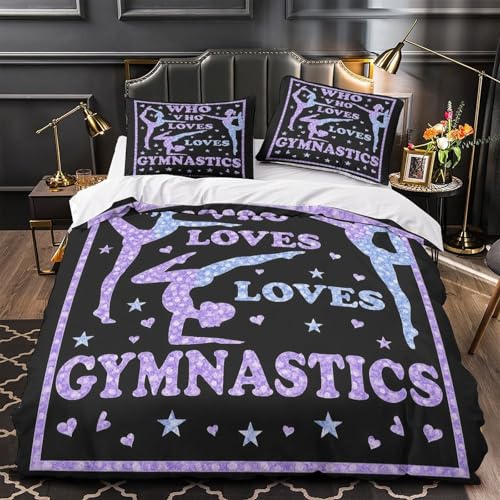 Amantes de la gimnasia 3D Impresión Funda de edredón 3pz Microfibra fácil cuidado Diseño con purpurina morada Edredón funda 2 fundas hipoalergénica Decoración habitación niños Double（200x200cm）