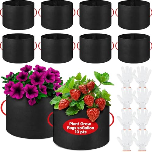 TREEHAC 10 Pcs 50 Gallon Nonwoven Fabric Plant Grow Bags with Handles and 10 Pairs of Gardening Gloves for Vegetables Flowers Trees Container Planting Outdoor Garden Use
