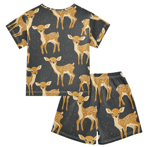 ALAZA Yellow Deer Cartoon Pajamas Set Short Sleeve Cotton Sleepwear Summer Pjs 2 Piece 5-14Y2