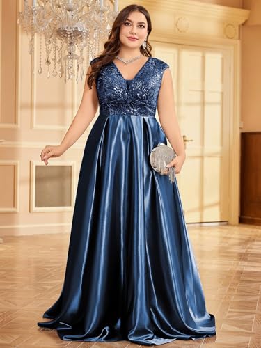 Image of Plus Size Satin Mother of the Bride Formal Gown for Wedding Sleeveless V-Neck Evening Dress