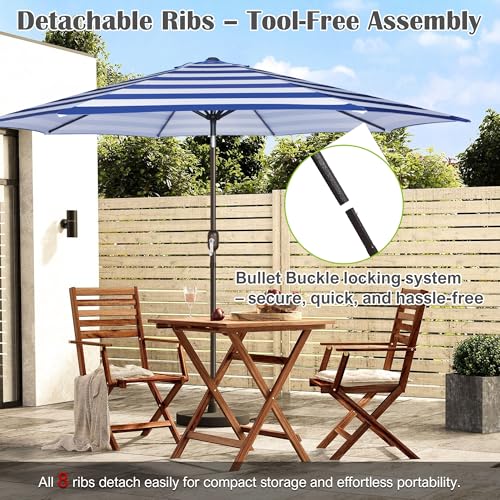 Image of Blissun 10FT Patio Umbrella, Outdoor Table Umbrella, Yard Umbrella, Market Umbrella with 8 Sturdy Ribs, Push Button Tilt and Crank, Blue & White