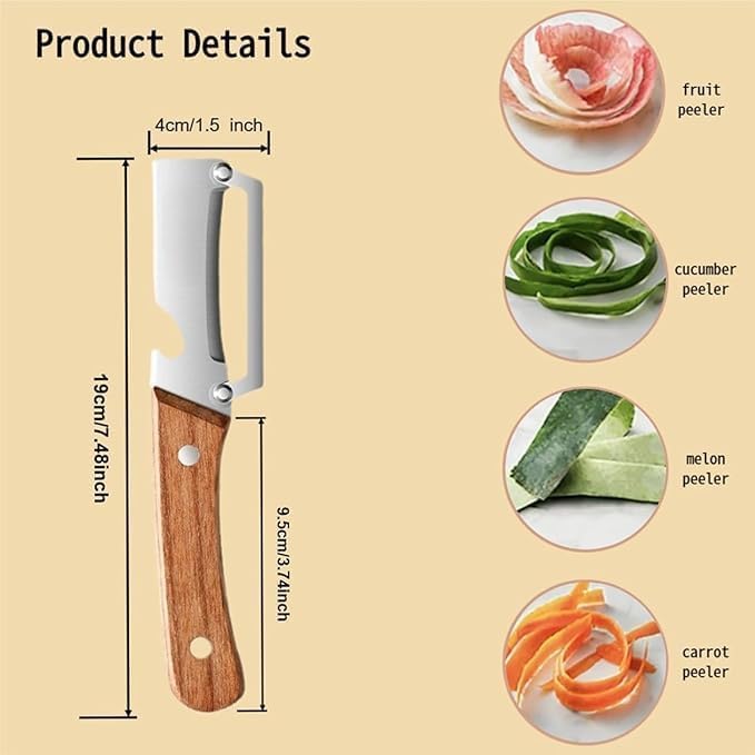 Image of 2 in 1 Vegetable Peeler Stainless Steel with Wooden Handle - Sharp Fruit and Potato Peeler with Built-in Bottle Opener, Multipurpose Kitchen Cutter Tool for Daily Cooking Use