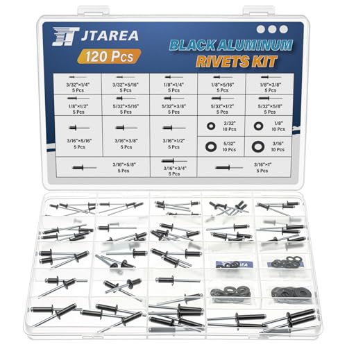 JTAREA 16Tailles Rivets Aveugles en Aluminium Noir Set 120Pièces 2,4mm 3,2mm 4mm 4,8mm Pop Rivet Tete Large Rivets Pop à Extrémité Ouverte avec Rondelle