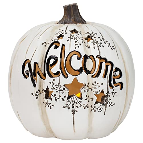 Mark Feldstein & Associates Welcome LED Pumpkin White 7 x 7 Resin Stone Halloween Collectible Figurine