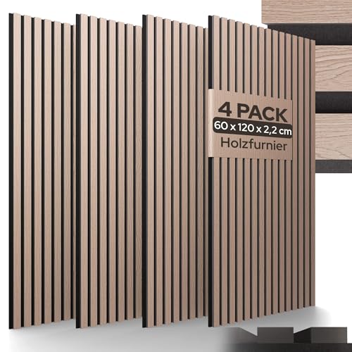 Arebos Akustikpaneele 120x60 cm | Lamellenwand in Holzoptik für Wand & Decke | modernes Wandpaneel mit hoher Schallabsorption | einfache Montage & zuschneidbar | 4er Set für stilvolle Raumakustik