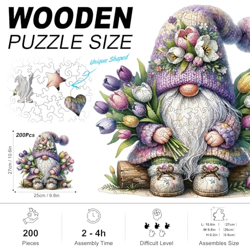Gnome Wooden Puzzles for Adults, 200pcs Wooden Jigsaw Puzzles for Adults, Gnome Flowers Unique Shaped Jigsaw Puzzles Creative Gift for Friend Family Game Medium Size 10.6'' x 9.8'' - Image 3
