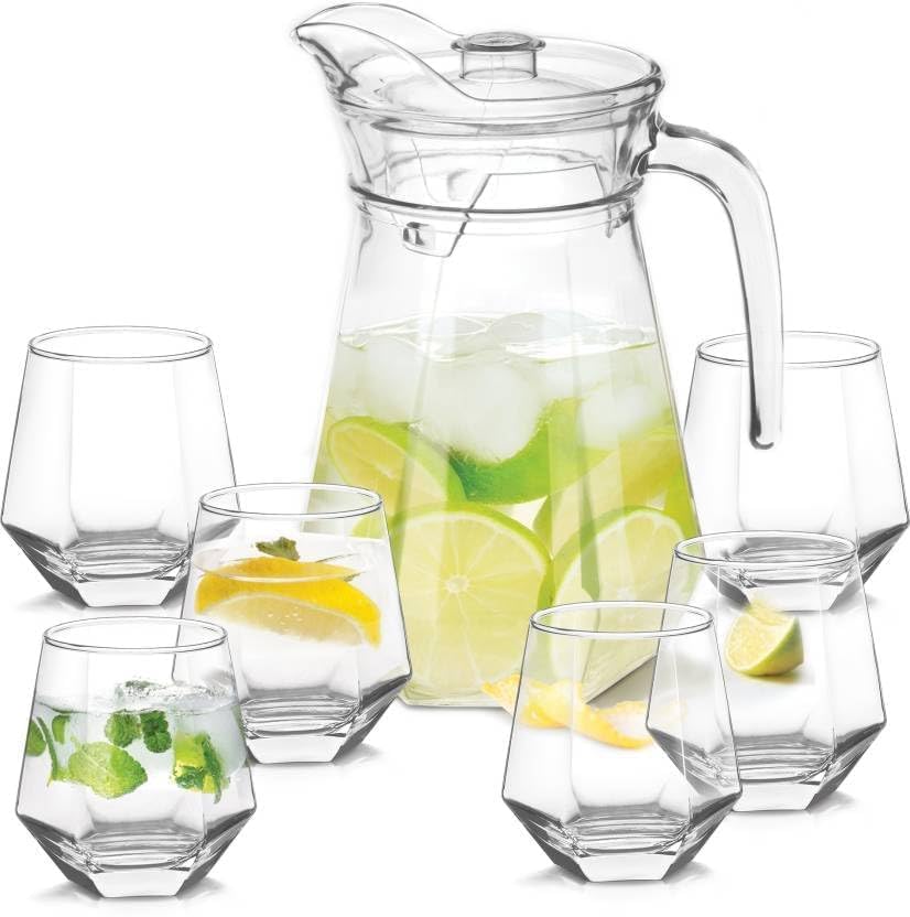 Image of Premium Water and Juice Glasses and Jug Set Combo [6 Piece Glass 350ML & 1 Piece Jug 1.4 Liter] Transparent Pitcher Set for Dining Table, Home & Restaurant,Party (MTS - 11)