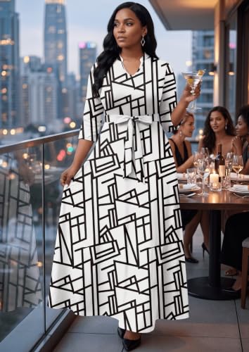 Image of FANDEE Women's Maxi Dresses V Neck 3 /4 Sleeve Long Dress with Pockets