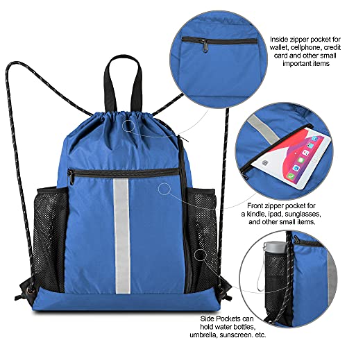 Image of BeeGreen Royal Blue String Backpack Bag Cinch Sack with Shoe Compartment and Two Side Mesh Pockets Lightweight Sturdy Drawstring Gym Sackpack 1 Pack for Unisex