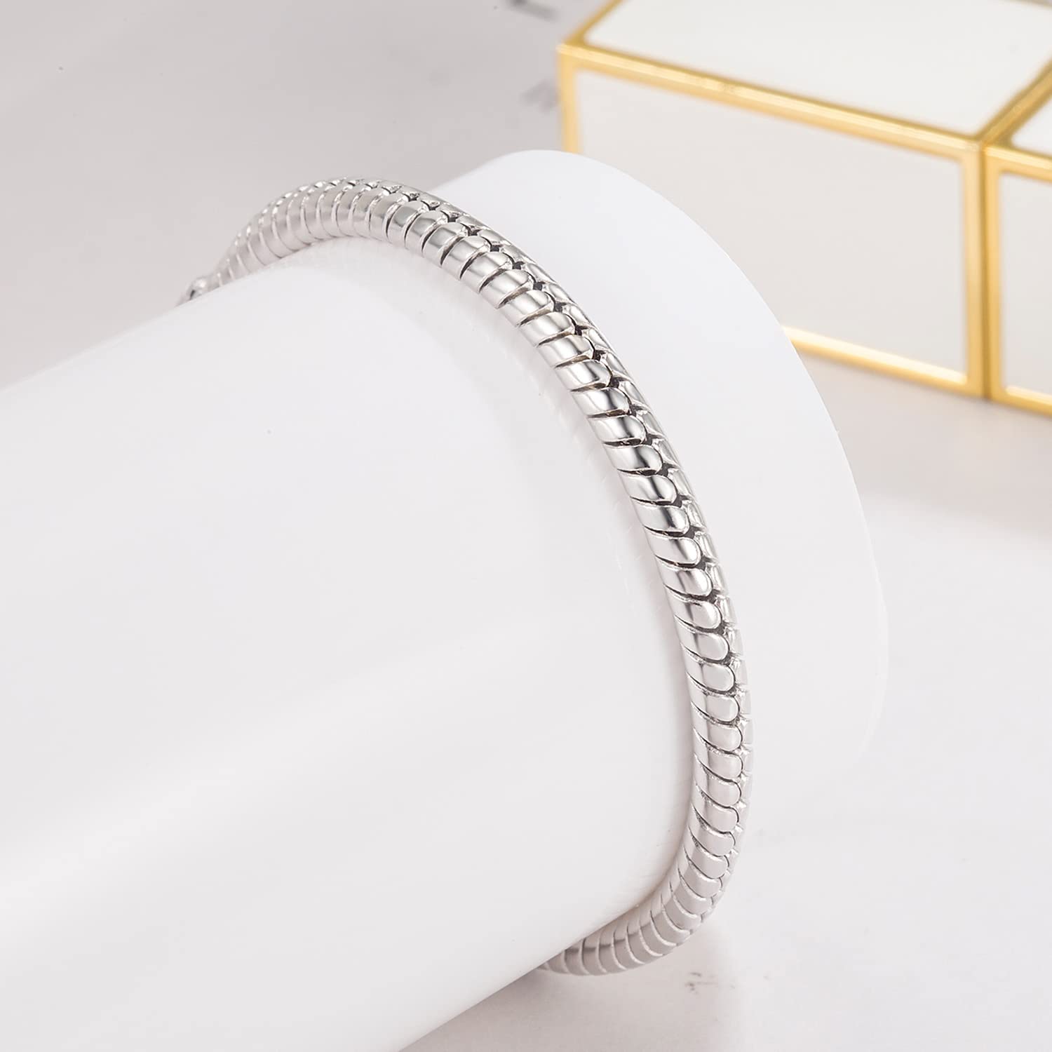 Dankadi Braccialetto a forma di serpente, 3 mm, 4 mm, in 925, argento, 6,3 – 9,5 pollici, maglia rotonda, catena serpentina dorata, 16 – 24 cm, regalo di gioielli festa di compleanno per uomo e donna
