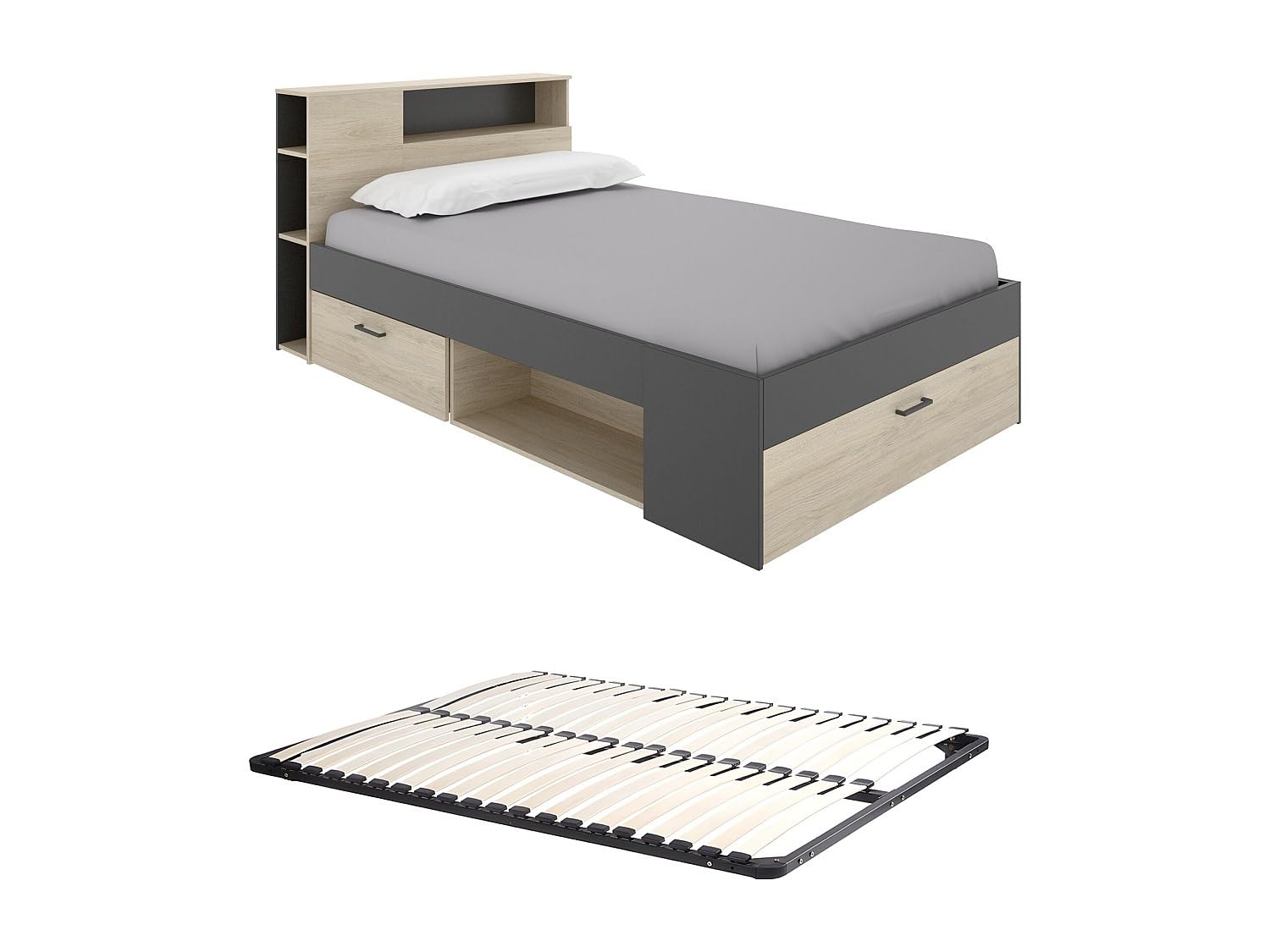 Vente-unique-Lit avec tête de lit rangements et tiroirs - 120 x 190cm - Coloris : Naturel et Anthracite + Sommier - Leandre