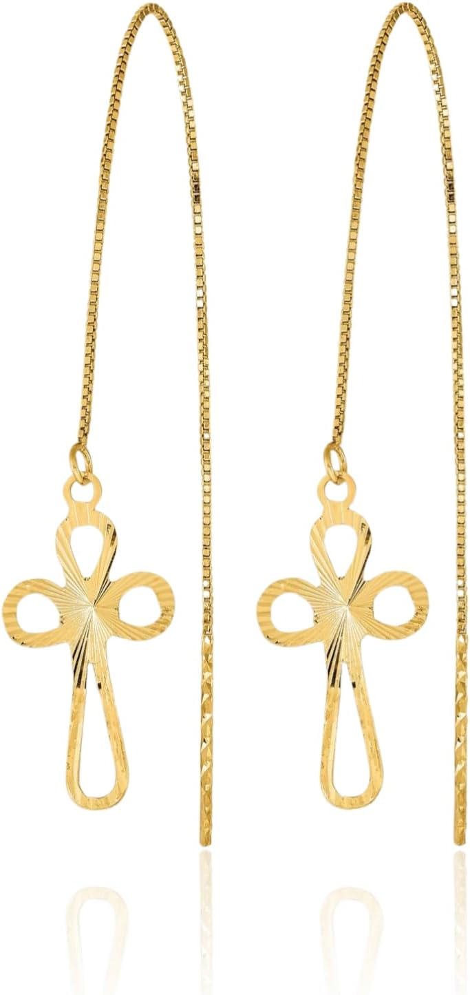 IceCarats 14K Solid Yellow Gold Extra Large Cross Threader Dangle Earrings 74mm 2 7/8 inch Diamond Cut For Her