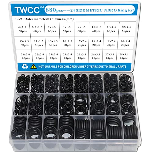 TWCC 24 Size Rubber O Ring Set, 880 PCS Black Small O Rings Assortment Kits,Assorted Metric Sealing Washer for Automobiles Plumbing Faucet Water Air or Gas Repair