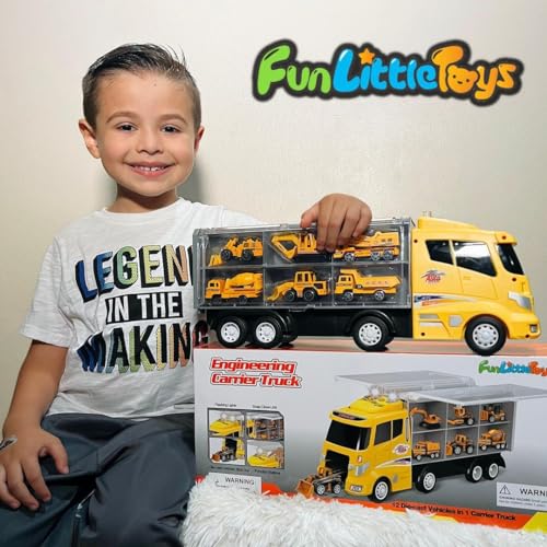 image for FUN LITTLE TOYS 12 in 1 Construction Truck Toys Set for Toddlers, Carr