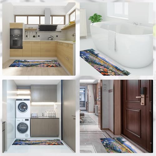 Tapis de cuisine grand format lavable en machine bleu imprimé fleurs - 8