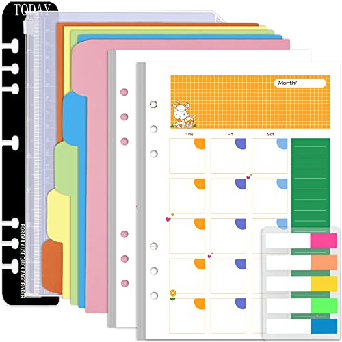 Rancco A5 Planner Inserts Monthly Planner Refills, 90 Pages Colorful 6-Ring Loose-leaf Monthly Binder Paper w/Divider, PVC Pouch, Ruler, Index Tab for Journal, Filofax, Double-sided, Undated,8.3x5.6