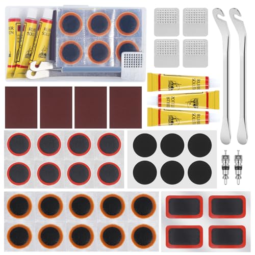 Vefungyan Bike Tire Tube Repair Kit: 28PCS Vulcanizing Patches 2 Stainless Steel Levers Metal Rasp Tube Set for MTB BMX Road Cycling