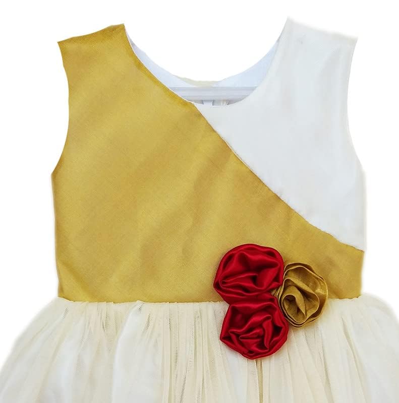 Image of Stanwells Kids Baby Girls Frocks Knee Length Birthday Net Flared Ruffle Pattern Sleeveless Traditional Embroidery Western Frock Princess Birthday Dress for Girls (Light Gold 7-8 Years)