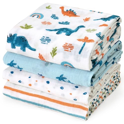 Image of david's kids 4 Pack Baby Muslin Swaddle Blankets, 100% Cotton and Ultra Soft Breathable Receiving Blanket Wrap for Boys Girls, New Born Essentials, Large 47 x 47 inches, Dinosaur Blue