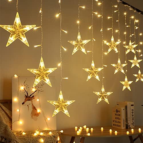 BLOOMWIN Christmas Star String Light Indoor Curtain Icicle Light Colorful 3m x 0.65m 8 Twinkle Modes 12Stars Window Decoration Light for Xmas Tree Wedding Party Hotel Festival