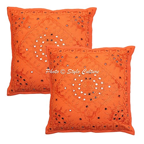 Stylo Culture Indio Fundas Almohadones Decorativa 40x40 cm Algodón Espejado Fundas para Cojines Cama Naranja 16x16 Inch Bordado Cuadrado sobre Fundas De Cojines De Sofa - 2 Pcs