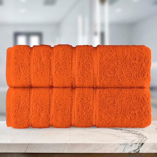 Image of Elegant Comfort 100% Turkish Cotton 4 Lines Viscose Stripe Luxury 2 Pack Bath Towel Set 27 x 54 Inch - Super Soft and Highly Absorbent Premium Hotel Spa Quality Towels for Bathroom Use, Orange