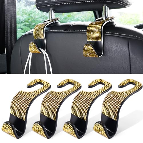Image of LivTee Car Seat Headrest Hook, Auto Seat Hook Hangers Storage Organizer Interior Accessories for Purse Coats Umbrellas Grocery Bags Handbag, 4-Pack(Bling Gold)