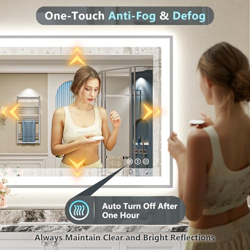 Image of 40x32 Brushed Nickel LED Bathroom Mirror with Lights, Backlit & Front-Lit, Anti-Fog, Framed Lighted Vanity Mirrors for Bathroom Wall, Dimmable, 3 Colors, Memory, Shatter-Proof, Tempered Glass