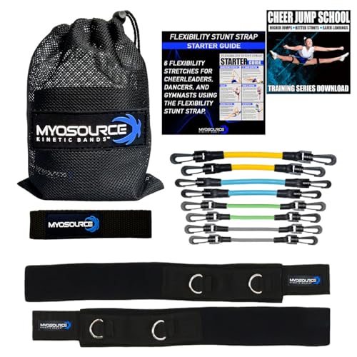 Cheer Kinetic Bands for Cheerleader Flexibility and Strength Training | Improve Jumps, Stunts, Landings | 2 Resistance Level & 12 Stunt Strap Color Options, Digital Training Downloads (Black Level 1)