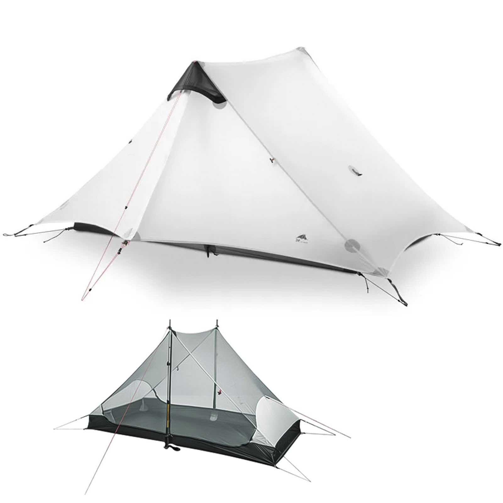 3FULGEAR Lanshan 2 Ultralight 2-Person Tent, 3/4 Season 15D Silnylon Rodless Backpacking Tent for Camping, Hiking & Mountaineering (Grey 3 season)