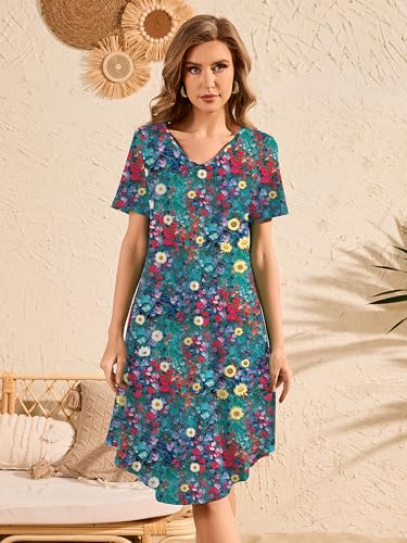 Image of DEARCASE Summer Dresses for Women V-Neck Short Sleeve T Shirt Dress Casual Flowy Swing Beach Vacation Mini Sundress