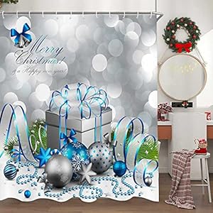 DYNH Holiday Shower Curtain, Happy Merry Christmas Silver and Blue Xmas Ball and Gift Box for New Year Bath Curtains…