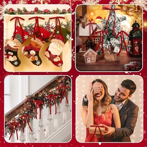 Image of 24 Pcs Red Velvet Bows Ornaments for Christmas Tree, Vintage Rustic Elegant Velvet Christmas Bows Tree Decorations, Indoor Home Decor for Wreath Mantle Gift Wrap Holiday Decor, 3 /8'' W, 5 * 7 inch