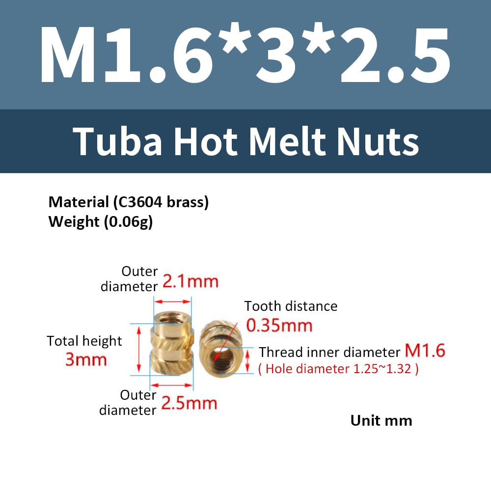 Threaded Insert, Pack of 100, M1.6 x 3 x 2.5 mm C3640 Brass Heating Insert, Press-in Nut - Image 2