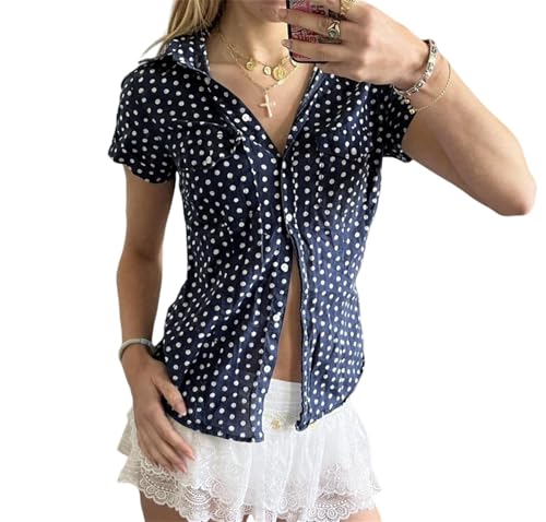 Image of Y2k Girls Vintage Coquette Button Down Shirt Women Short Sleeve V-Neck Slim Fitted T-Shirt Cute Blouse Crop Top