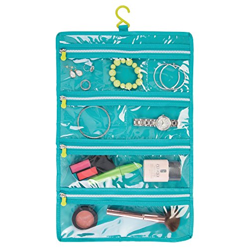 Preisvergleich Produktbild mDesign Reise Kulturbeutel Waschtasche zum Aufhängen aus Polyester und Kunststoff Kulturtasche mit Reißverschluss und vielen Fächern grau / türkis / limettengrün