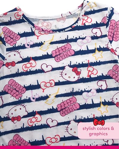 Image of Hello Kitty Girls Shirts - 2 Pack Cotton Blend Short Sleeve Tops - Crewneck Cute Graphic Girls Tee Shirt Pack Blue /White Stripes