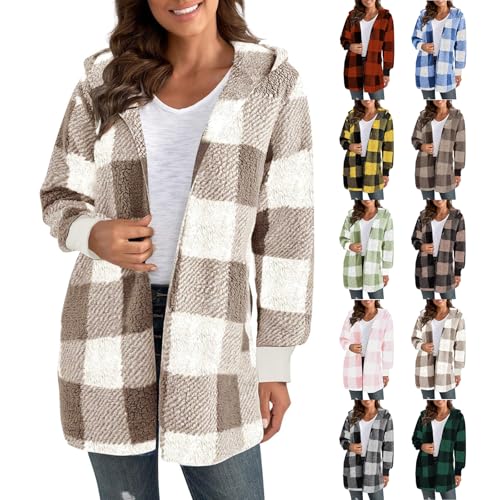 Plaid Jacket for Woman Fleece Hooded Fuzzy Coat Trendy Coatigan