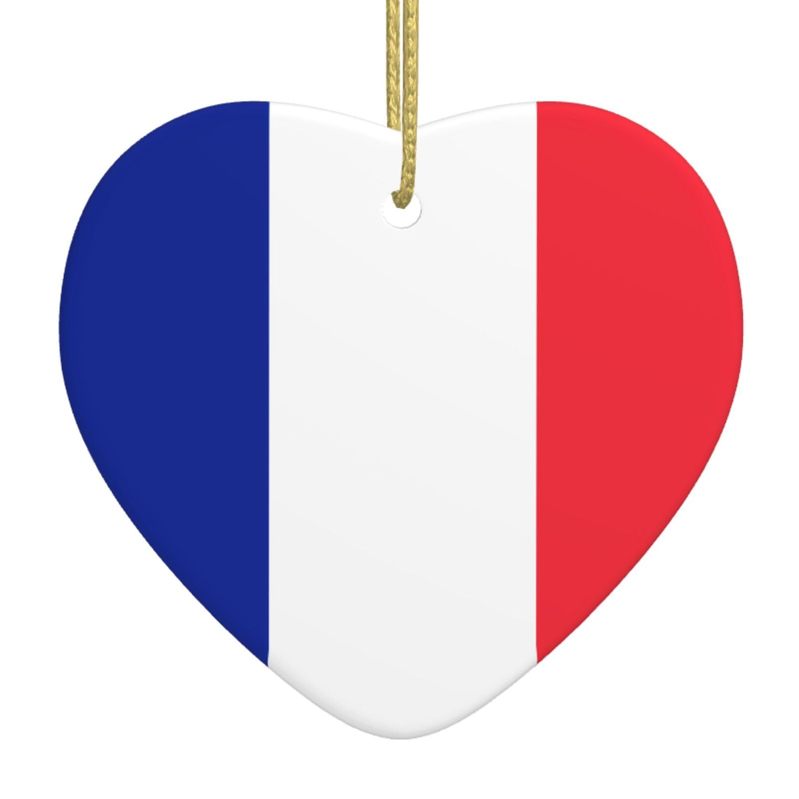 French Flag Ceramic Christmas Heart Pendant with Silk Thread, Christmas Tree Home Decoration